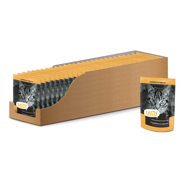 Tasty влажный корм для взрослых кошек с говядиной и курицей в желе, в паучах - 85 г