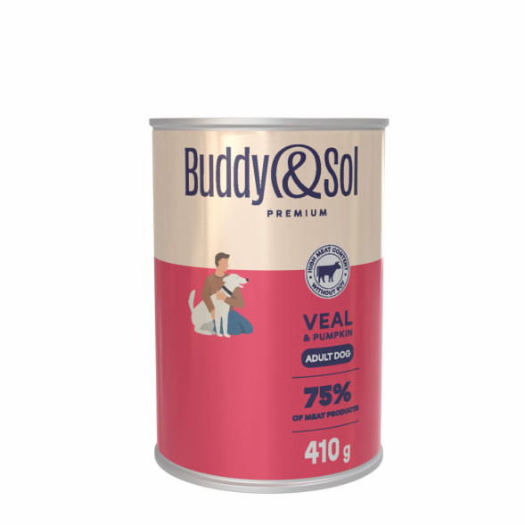Buddy&amp;Sol Premium для собак всех пород с телятиной и тыквой, в консервах - 410 г