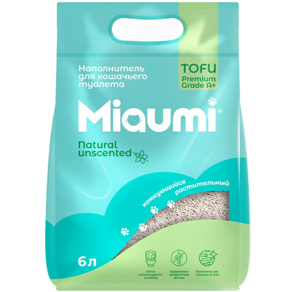 Miaumi TOFU Natural Unscented наполнитель комкующийся соевый для кошачьего туалета, без ароматизатора - 6 л (2,5 кг)