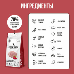BOWL WOW сухой корм для взрослых собак средних пород с индейкой, курицей, рисом и свеклой - 5 кг