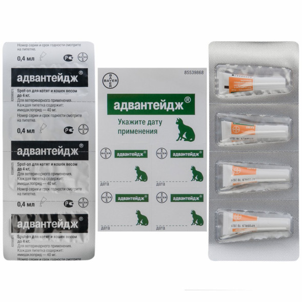 Адвантейдж капли от блох для котят и кошек весом менее 4 кг - 4 пипетки