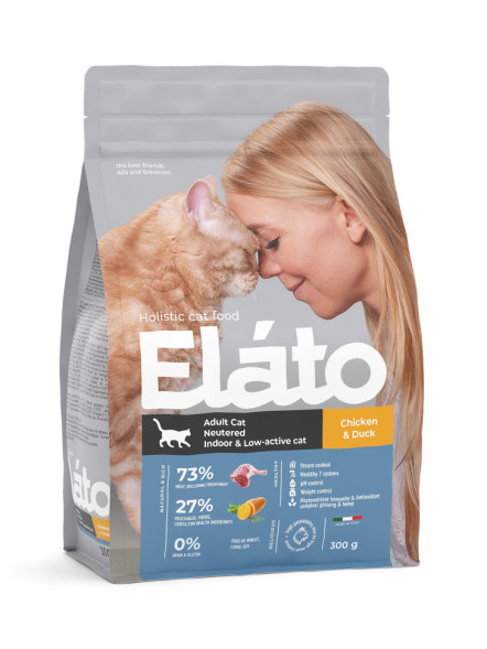 Elato Holistic сухой корм для кастрированных котов, стерилизованных и малоактивных кошек, с курицей и уткой - 300 г