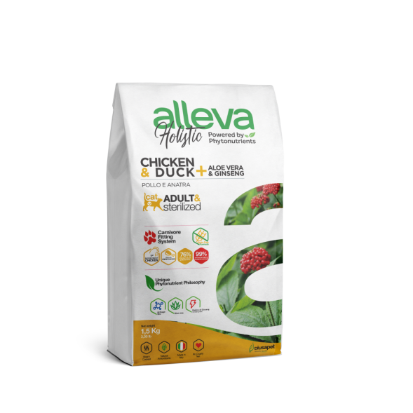 Alleva Holistic Cat Adult Chicken &amp; Duck сухой корм для взрослых кошек с курицей и уткой, алое вера и женьшенем - 1,5 кг