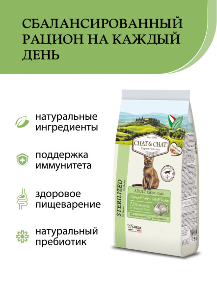 Chat&amp;Chat Adult Sterilized Chicken&amp;Turkey сухой корм для стерилизованных кошек с цыпленком и индейкой - 2 кг