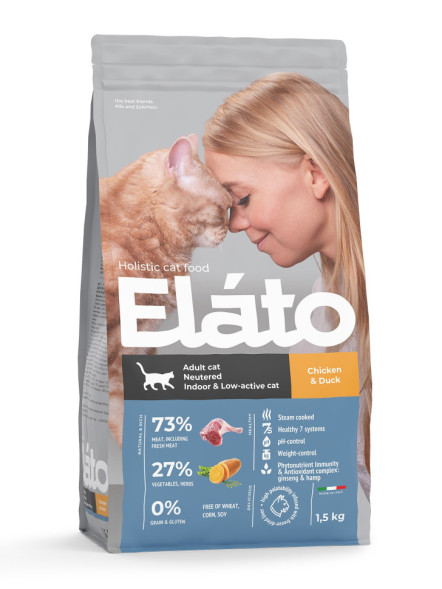 Elato Holistic сухой корм для кастрированных котов, стерилизованных и малоактивных кошек, с курицей и уткой - 1,5 кг