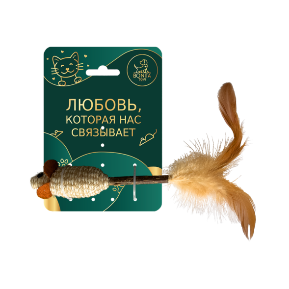BONITAPET игрушка для кошек Мышь с палкой и пером, 12x7 см