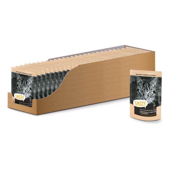 Tasty влажный корм для взрослых кошек с цыпленком, перепелом и овощами в желе, в паучах - 85 г
