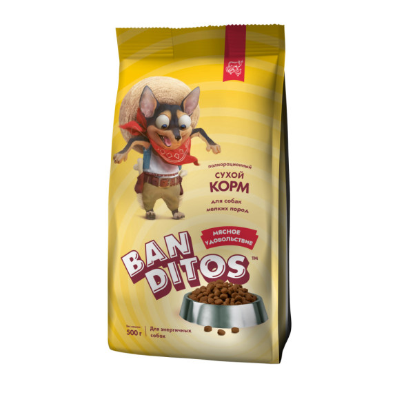 Banditos Мясное Удовольствие сухой корм для взрослых собак мелких пород, с курицей, говядиной и индейкой - 500 г