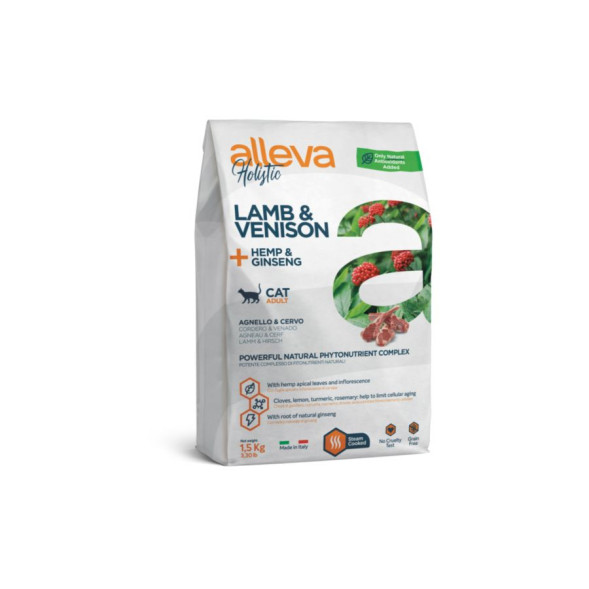 Alleva Holistic Cat Adult Lamb &amp; Venison сухой корм для взрослых кошек с ягненком и олениной, коноплей и женьшенем - 1,5 кг