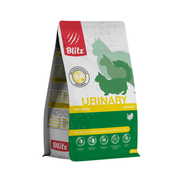 Blitz Urinary диетический полнорационный сухой корм для взрослых кошек при мочекаменной болезни струвитного типа - 1,5 кг