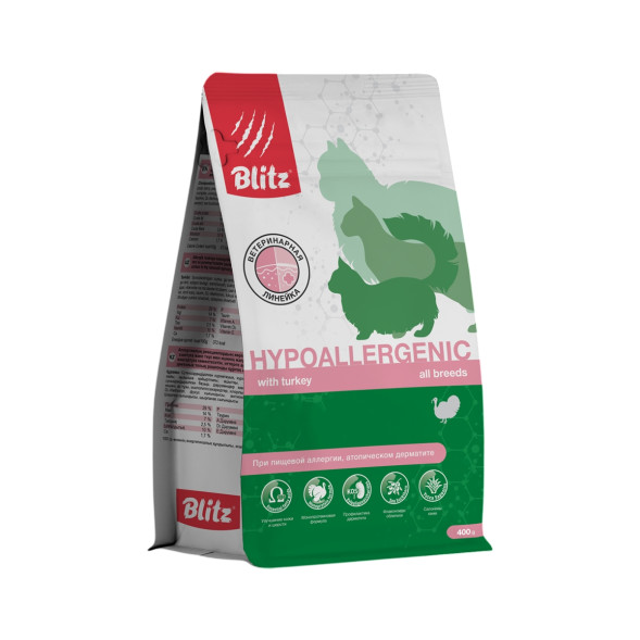 Blitz Hypoallergenic диетический полнорационный сухой корм для взрослых кошек при пищевой аллергии - 400 г