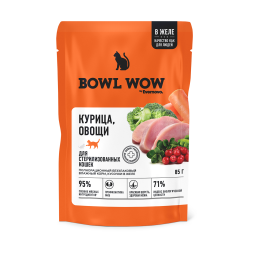 BOWL WOW влажный корм для взрослых стерилизованных кошек с курицей и овощами, кусочки в желе в паучах - 85 г