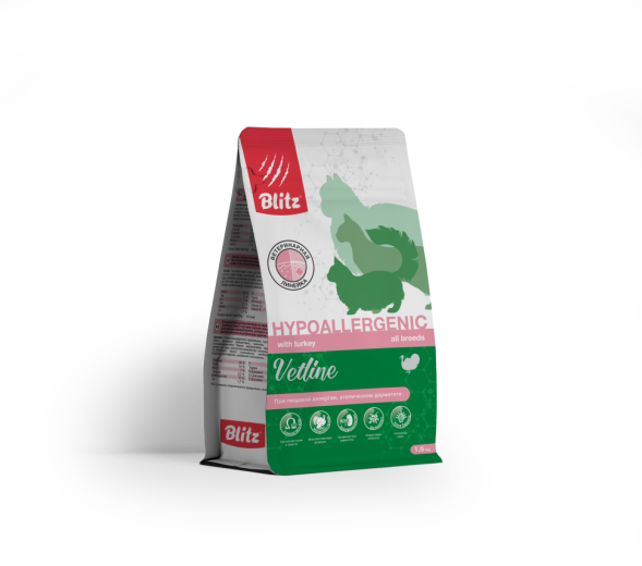 Blitz Vetline Hypoallergenic диетический полнорационный сухой корм для взрослых кошек при пищевой аллергии - 1,5 кг