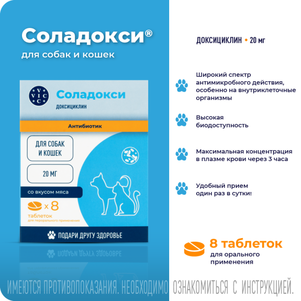 Соладокси 20 мг антибактериальный препарат для кошек и собак - 8 таблеток